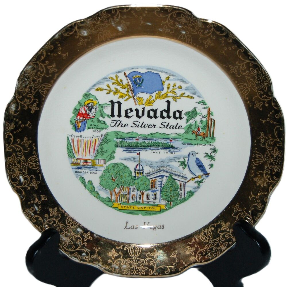 CREST-O-GOLD WARRANTED 22K LAS VEGAS NEVADA SOUVENIR PLATE THE SILVER STATE USA